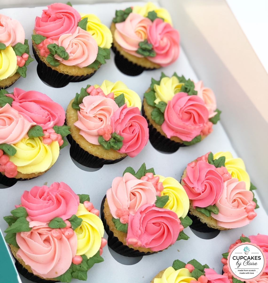 Pink and Yellow Floral Cupcakes