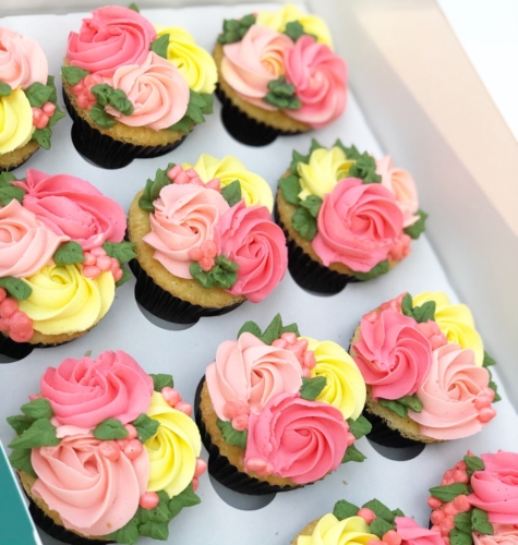 Pink and Yellow Floral Cupcakes
